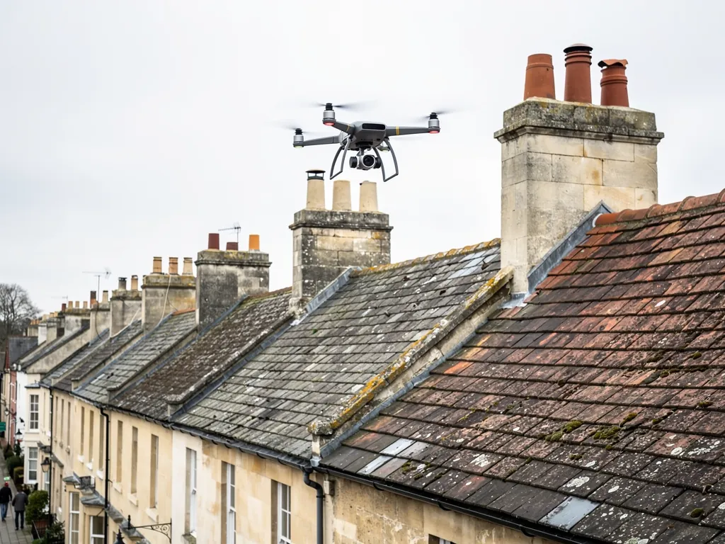 A small drone flying above a Bath terrace roof with chimney stacks