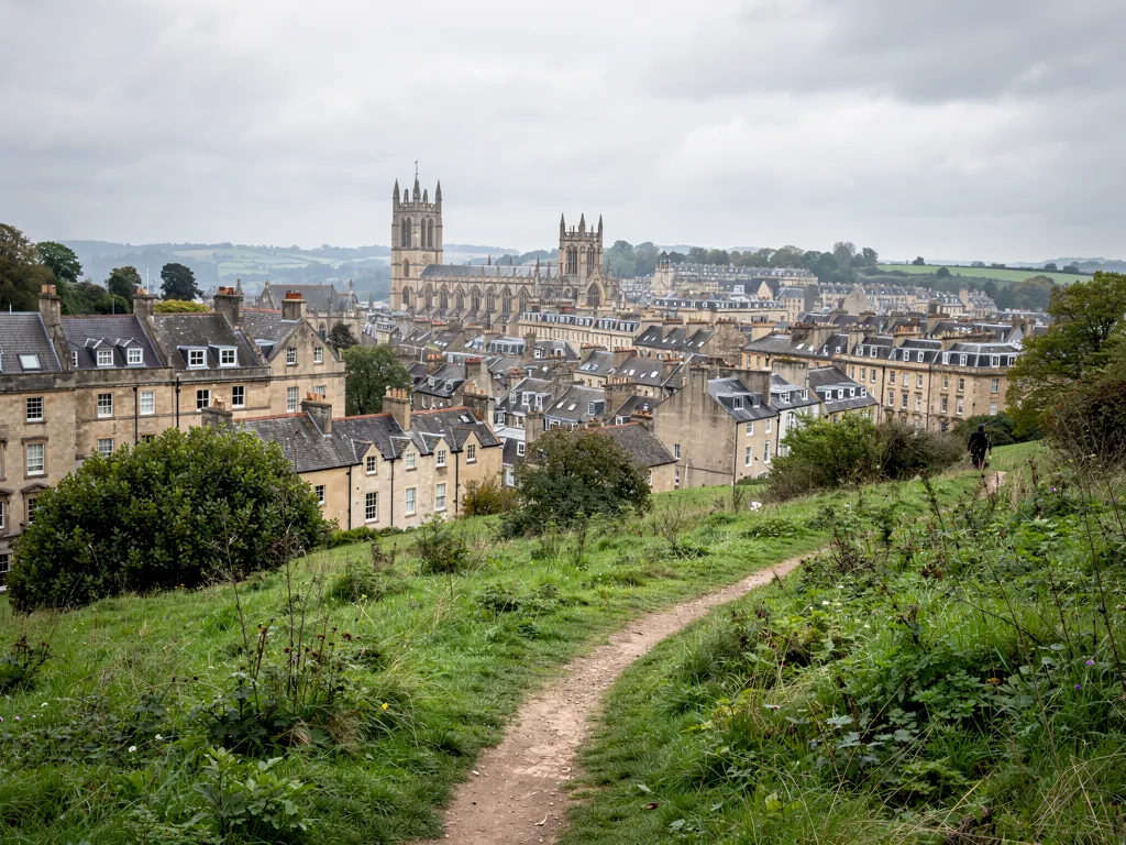 A footpath on a green hillside above Bath with the city roofs and the Abbey tower in the valley below